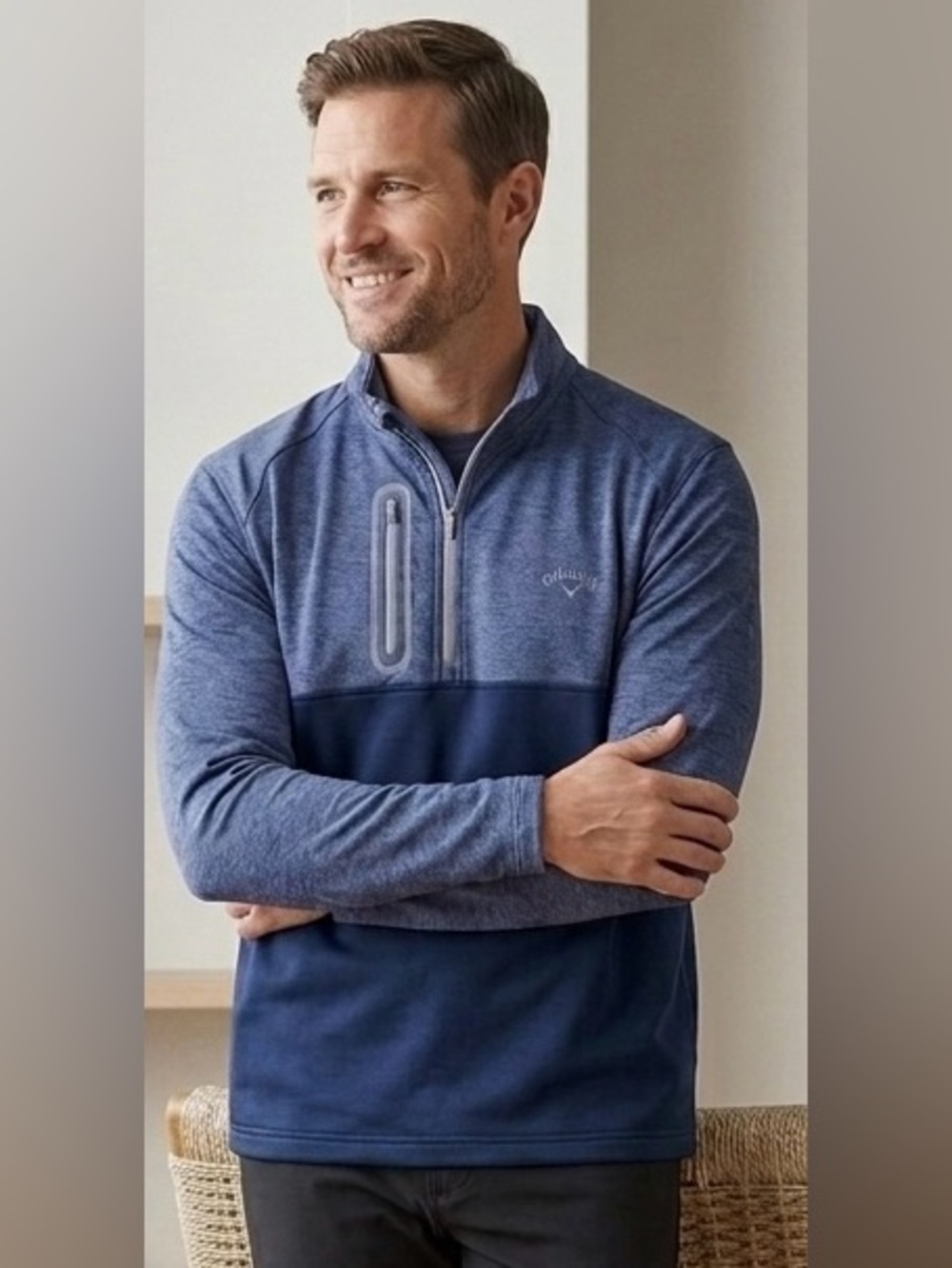 Callaway Men’s Two-Tone Navy and Heather Blue Zip Pullover